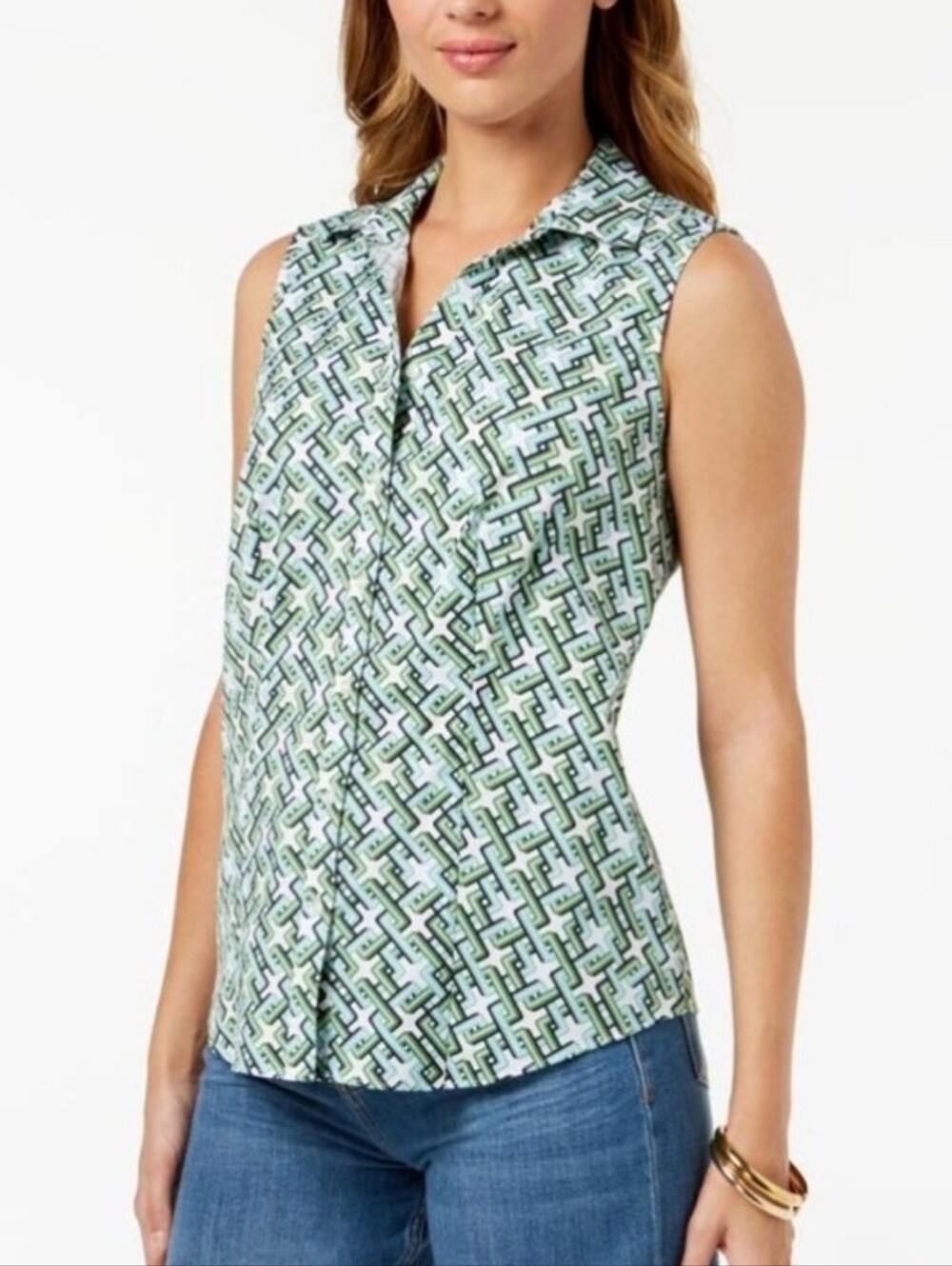 Charter Club Geometric Sleeveless Blouse 8 Green Mod Retro Button Front Top